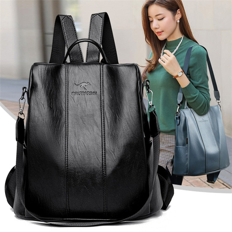 Anti-Theft Leather Backpack