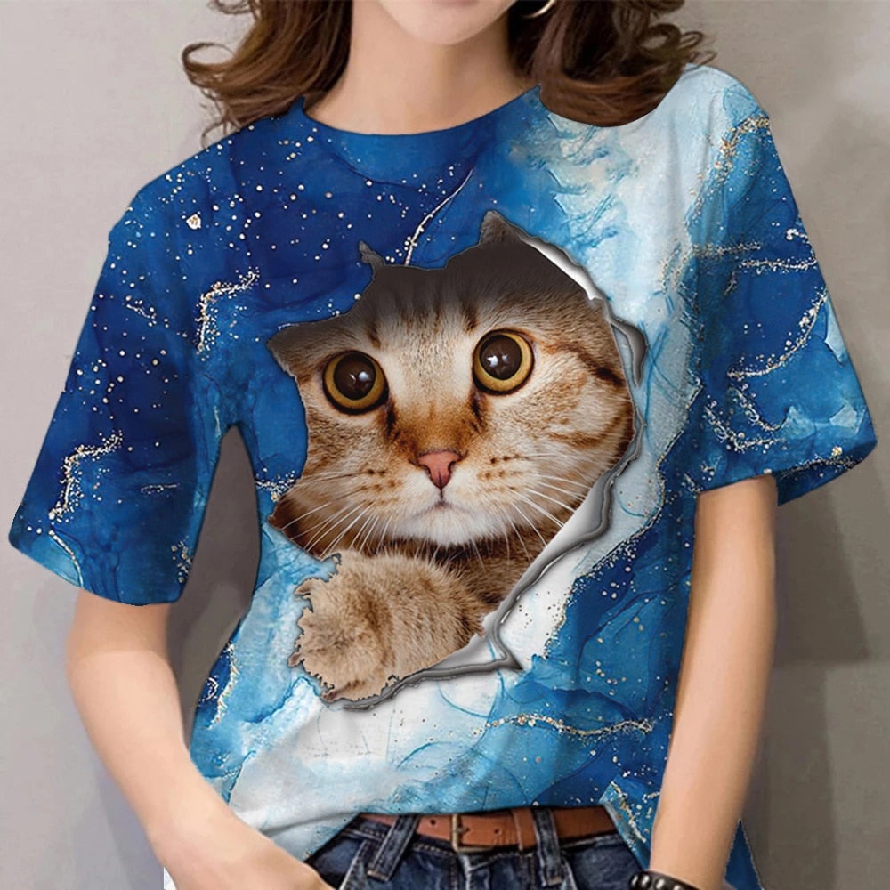 3D Cat Print T-Shirts