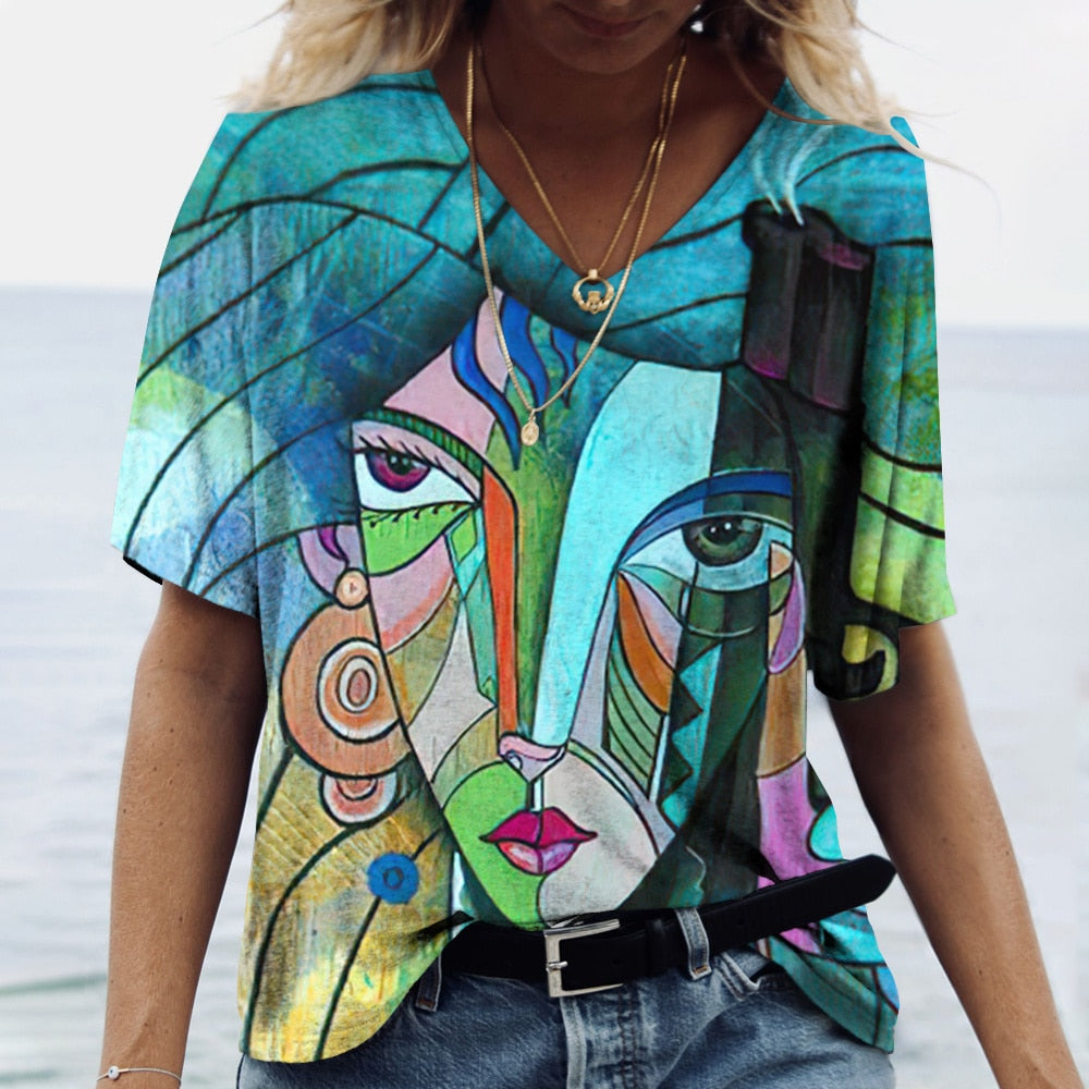 Abstract Art Face Print Tops
