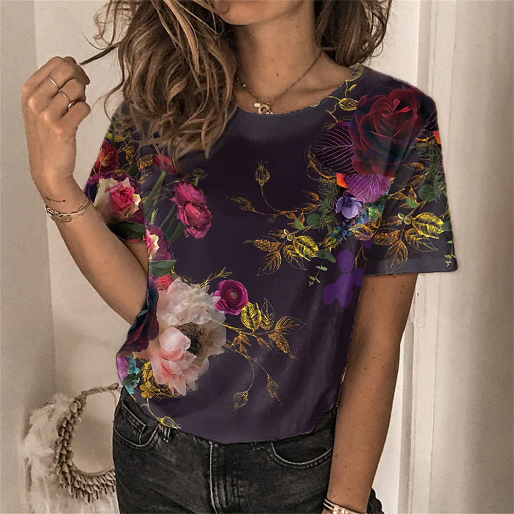 Floral Print O-neck Tops